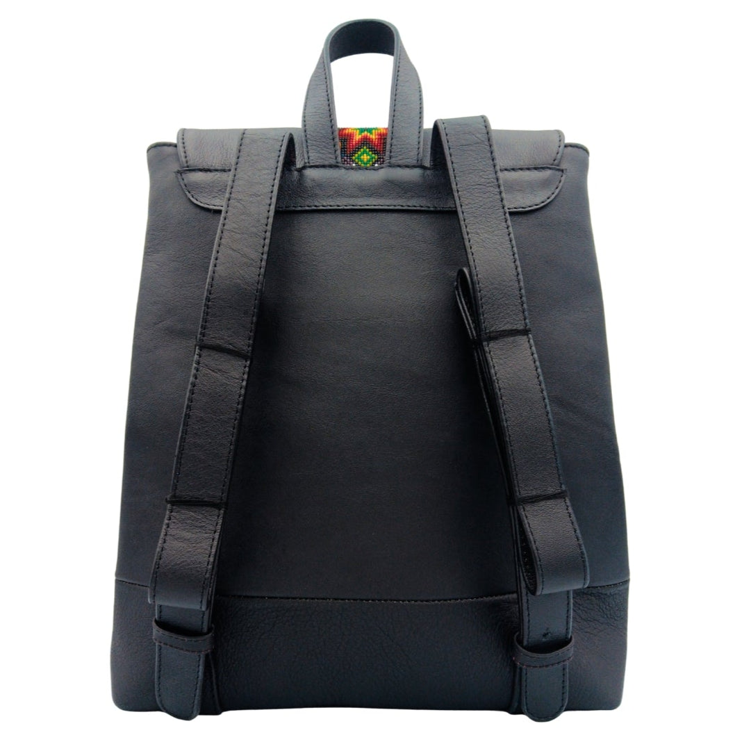 Adjustable leather straps, top carry loop, and clean back panel of Solstice Beaded Bag Backpack