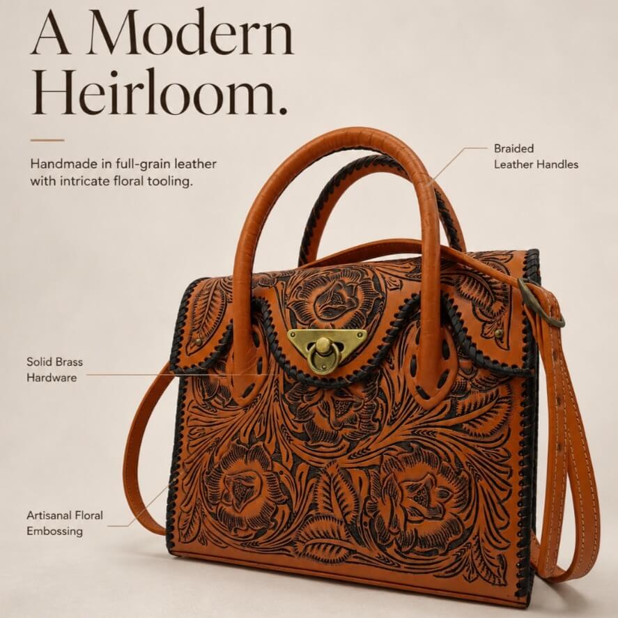 Brown leather handbag with floral embossing on a beige background
