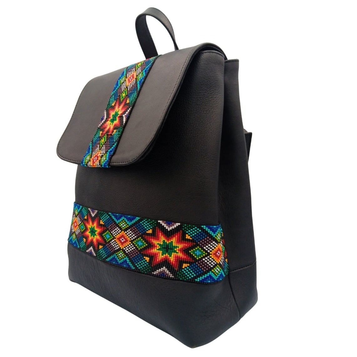 Angled view of Solstice showing beaded flap strap, curved flap, and front beaded band on black leather backpack