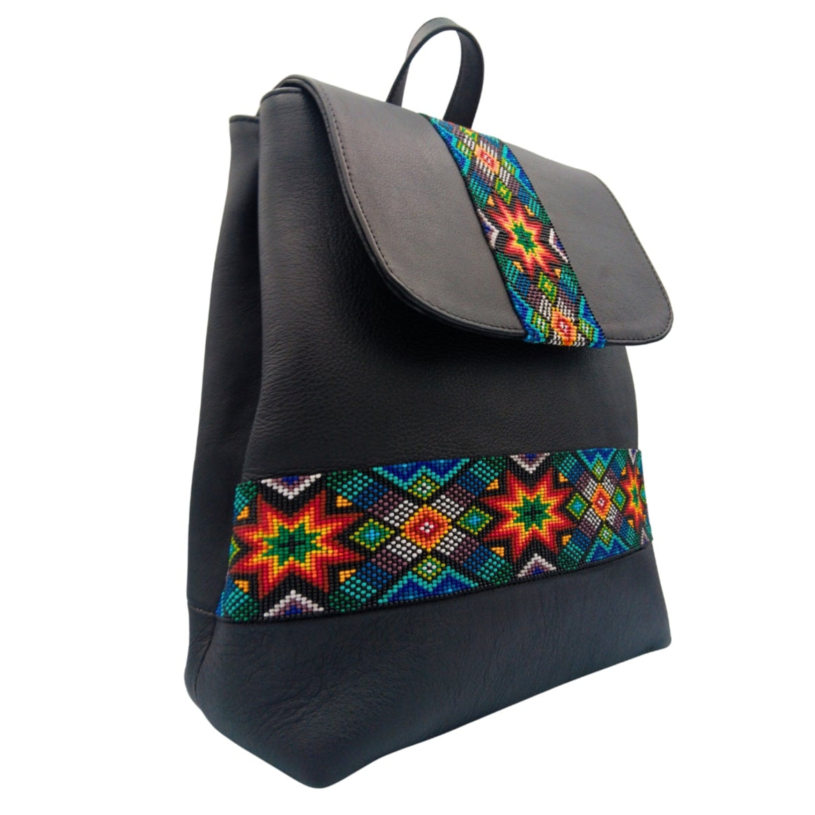 Angled view highlighting hand‑beaded star pattern and smooth hand‑tooled leather body of the Solstice backpack