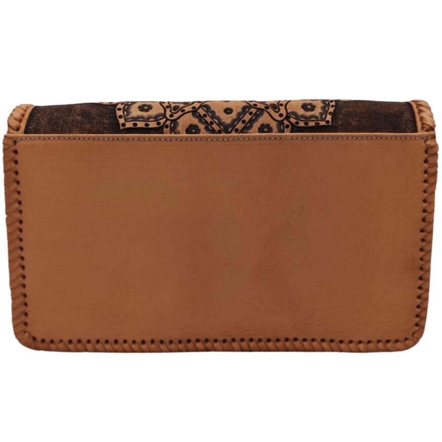 Back view showing smooth full‑grain leather panel with exterior slip pocket.
