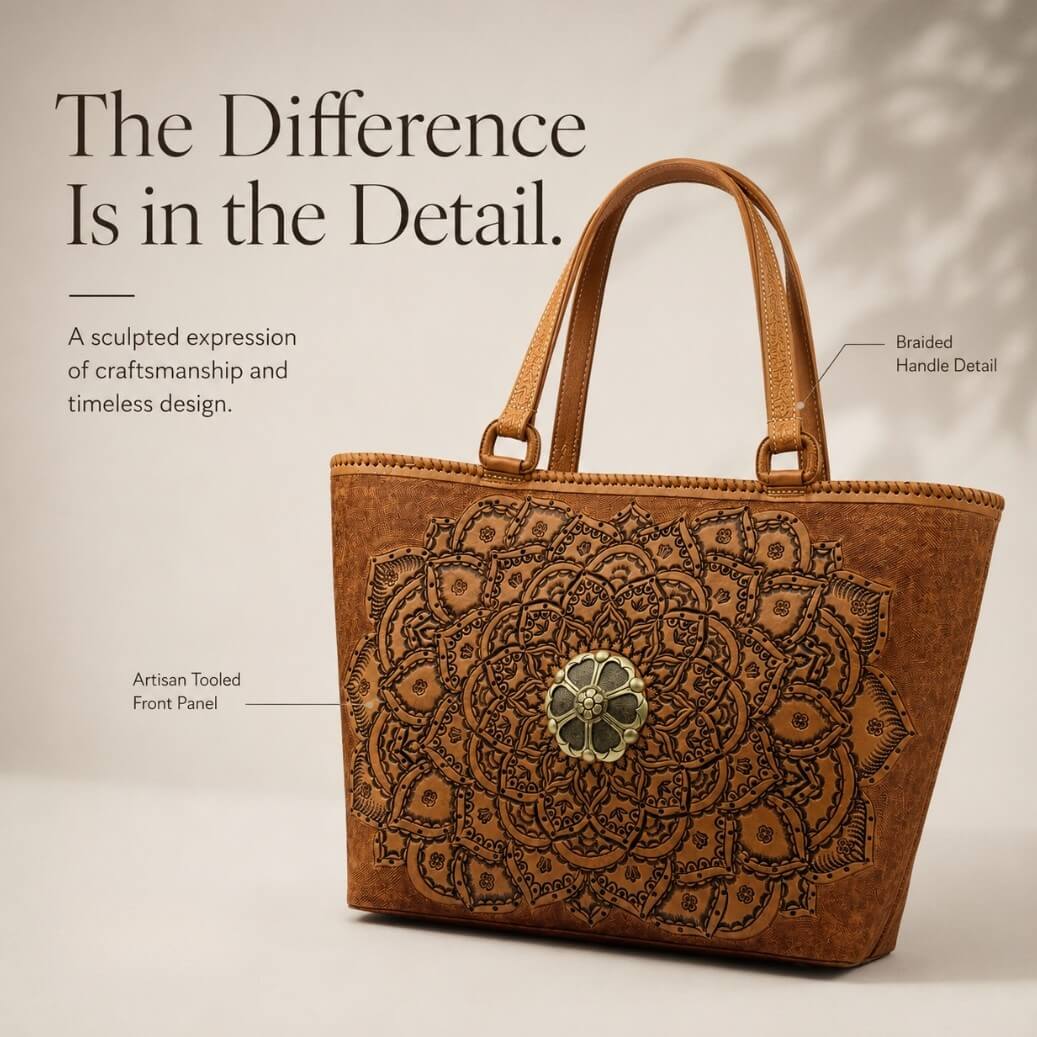 Cognac/burnished brown nude color tooled leather tote with floral medallion hardware shown in a detail graphic highlighting the artisan tooled front panel and braided handle.