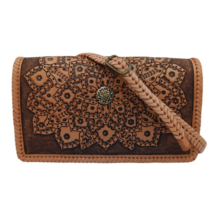 Full‑grain leather crossbody with braided strap and mandala tooling – Crimson Legacy
