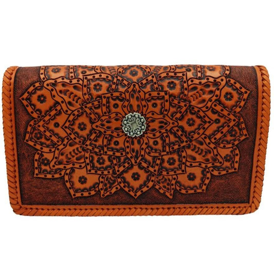 Front view of Crimson Legacy Full Grain tooled leather crossbody with mandala sunburst and center concho