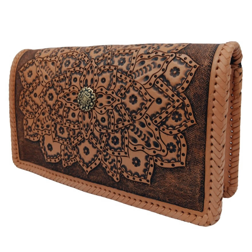 “Angled right view showing depth and hand‑laced edge of leather crossbody – Crimson Legacy