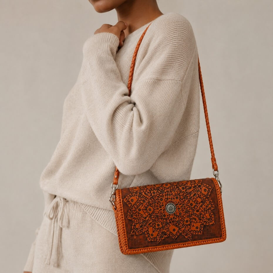 Woman carrying a handcrafted cognac brown full-grain leather crossbody wallet with an intricate floral mandala pattern