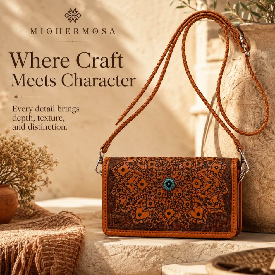 Artisan-made full grain leather shoulder bag featuring heritage-inspired mandala artwork and premium craftsmanship