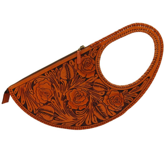 Half‑Moon Tooled Leather Clutch in full grain leather, rose‑tooled front