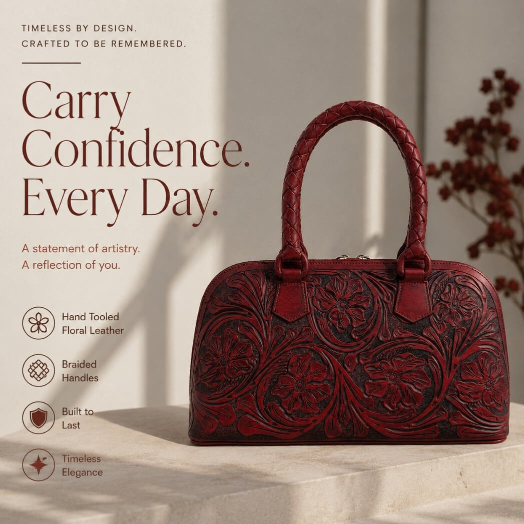 Mahogany Espresso hand-tooled leather satchel bag with floral detailing, braided handles, and Carry Confidence Every Day ad text.