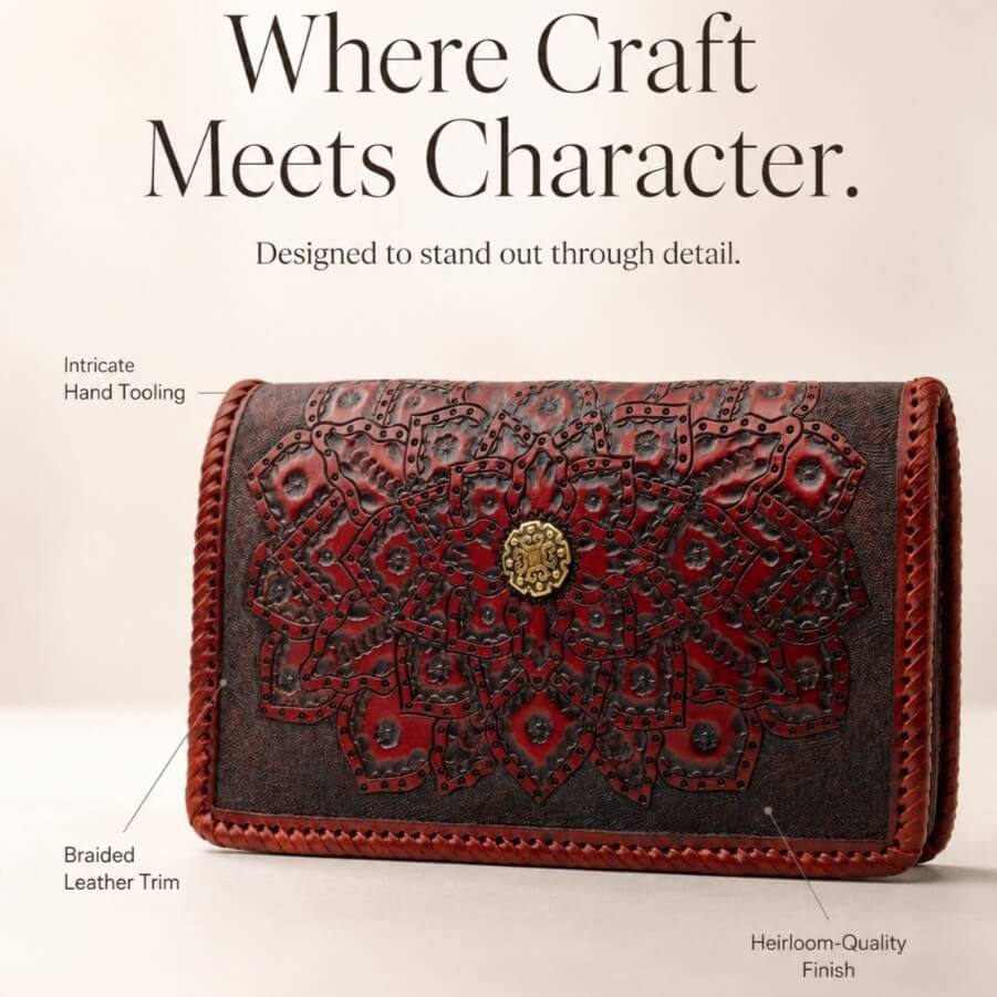 Promotional detail graphic reading “Where Craft Meets Character” featuring a Mahogany Espresso embossed leather clutch with intricate hand tooling, braided leather trim, heirloom-quality finish, and gold circular clasp.