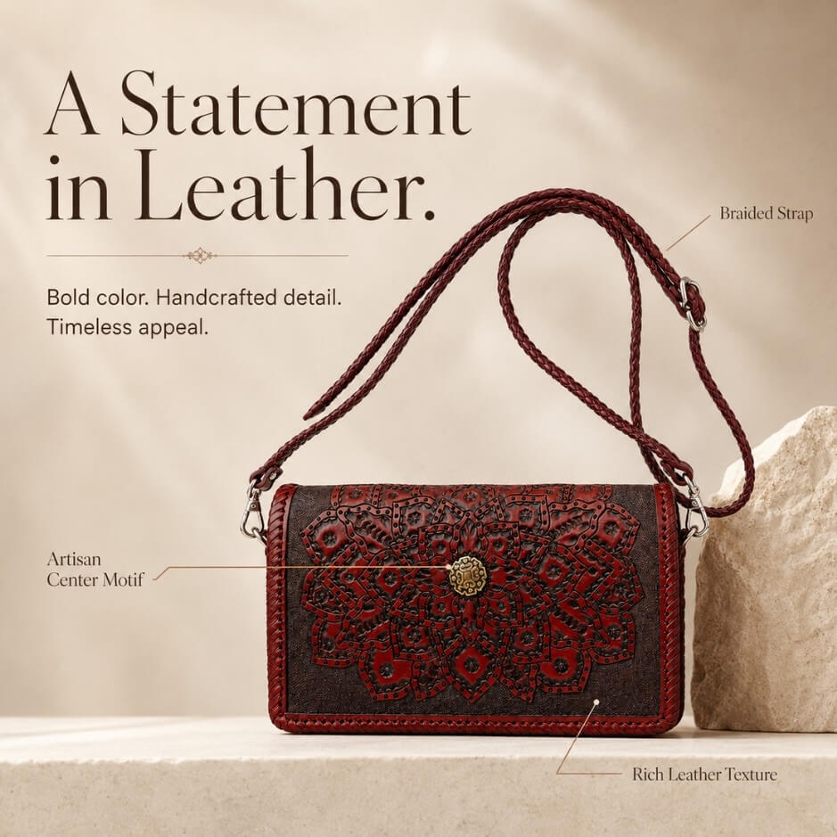 Promotional graphic reading “A Statement in Leather” featuring a Mahogany Espresso embossed leather crossbody bag with mandala detailing, braided strap, silver hardware, rich leather texture, and gold circular clasp.
