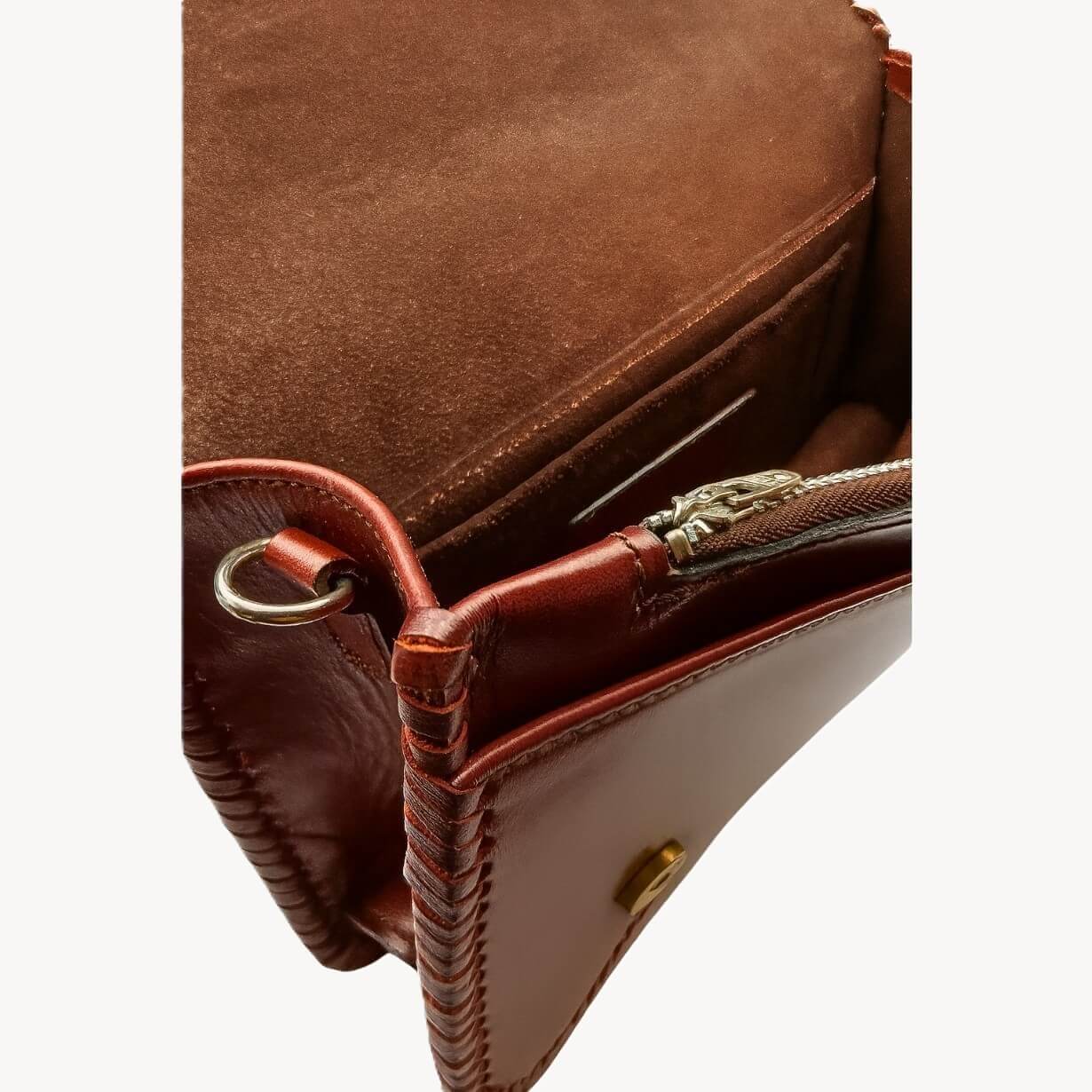 Close-up of a brown leather bag with gold zipper pull on a white background