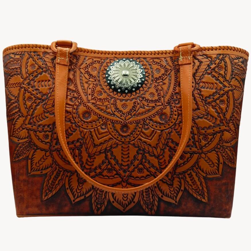Caléndula de Cobre full‑grain tooled leather tote with marigold mandala and silver concho—front view, Miohermosa