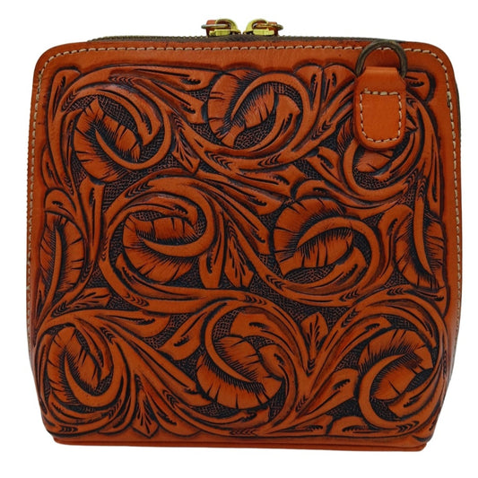 Hand‑tooled full‑grain leather crossbody, front filigree/leaf tooling