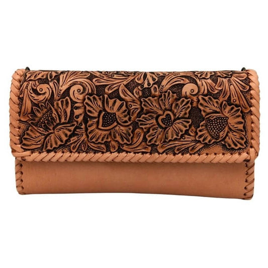 Front view of Miohermosa Corazón Flora tooled full grain leather clutch, floral motif, tan.