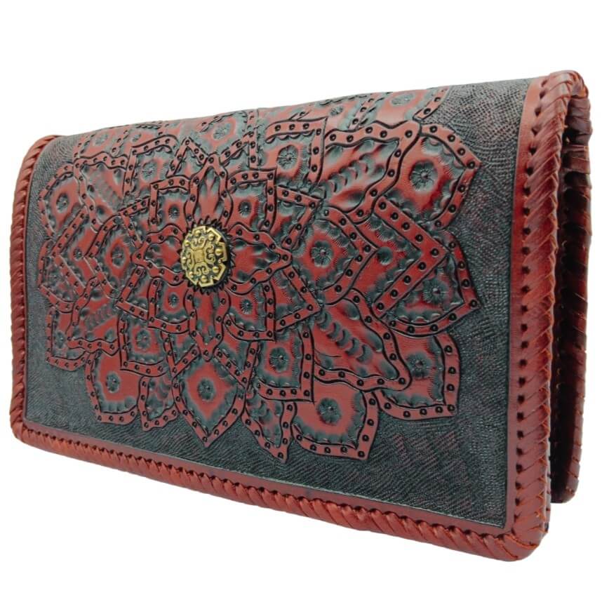 Right‑angle view highlighting depth of mandala embossing and textured backdrop.