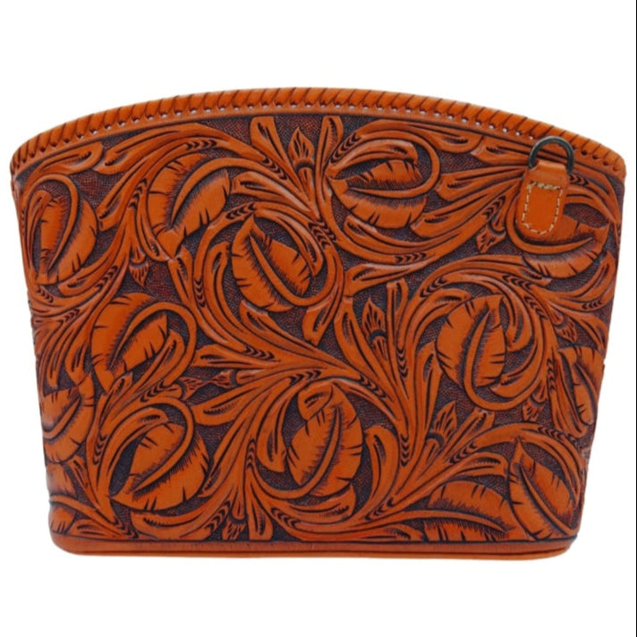 Front view—Emberleaf Crossbody Tooled Leather Purse with leaf design, structured frame—Miohermosa