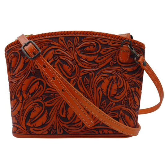 Front view—Emberleaf Crossbody Tooled Leather Purse with leaf design, structured frame—Miohermosa
