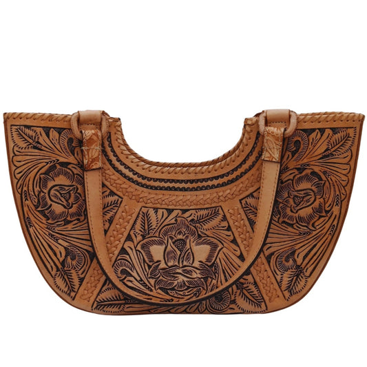 Front view of Miohermosa Flor de Cordoba Full Grain Tooled Satchel—hand‑tooled full‑grain leather with floral carving