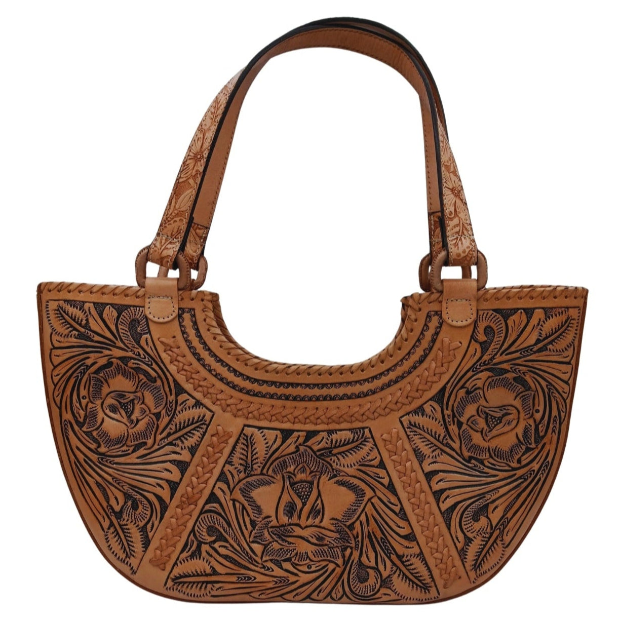 Handles of Flor de Cordoba Full Grain Tooled Satchel extended for shoulder carry