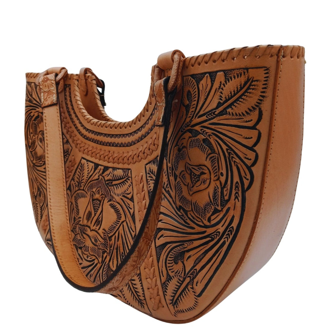 Right angle view with floral tooling on both sides of the Flor de Cordoba leather purse