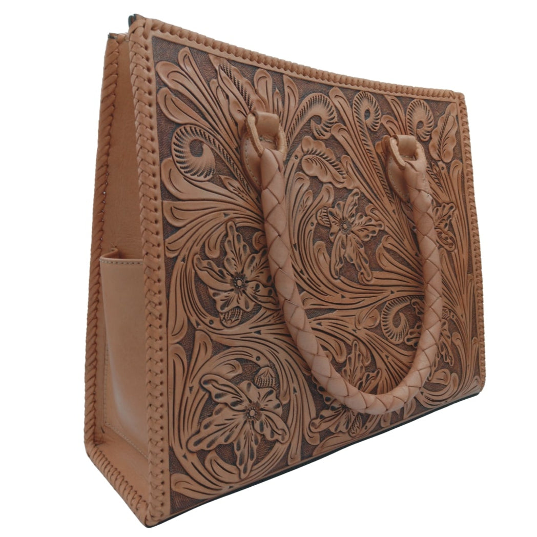 Miohermosa Flor de Miel Heritage Tote, artisan floral tooled leather, structured silhouette