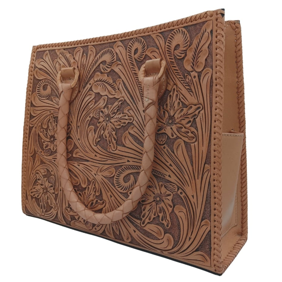 Flor de Miel Heritage Tote showing hand‑stitched details and side profile