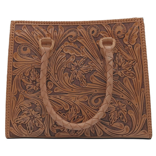Flor de Miel Heritage Tote — hand‑tooled full‑grain leather floral design with braided handles
