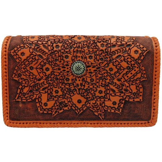Miohermosa full‑grain hand‑tooled leather mandala crossbody—front with brass sunburst concho