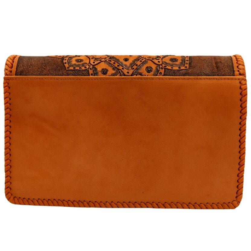 Smooth full‑grain leather back panel with exterior slip pocket - burnt orange finish