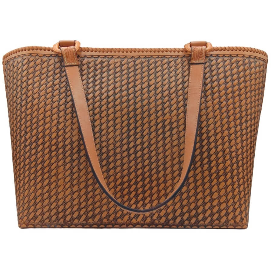 Back view—honeycomb/basketweave texture on full grain leather tote.