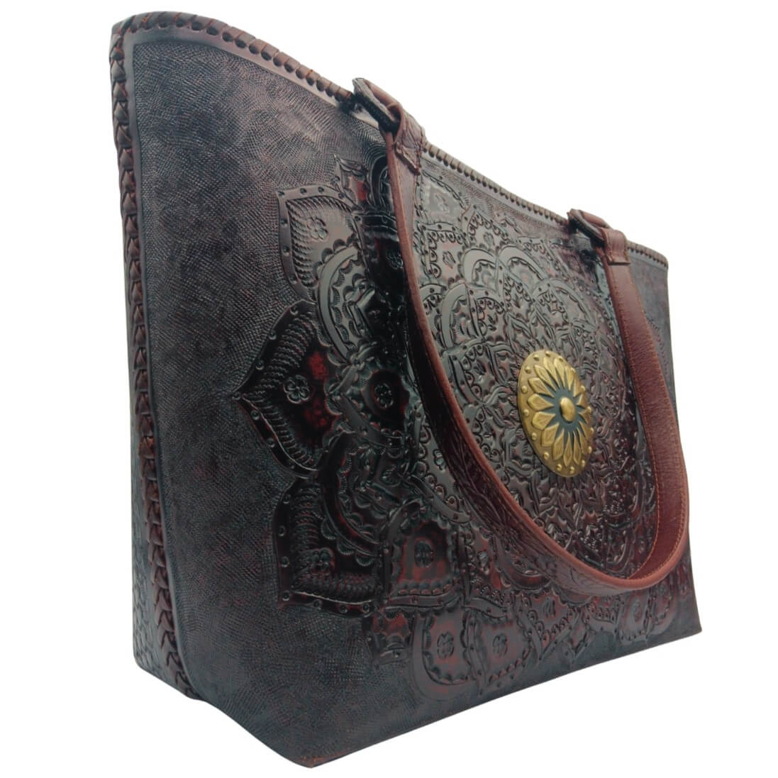 Angled left—tooled leather purse showing mandala detail and strap drop, Mahogany Espresso.