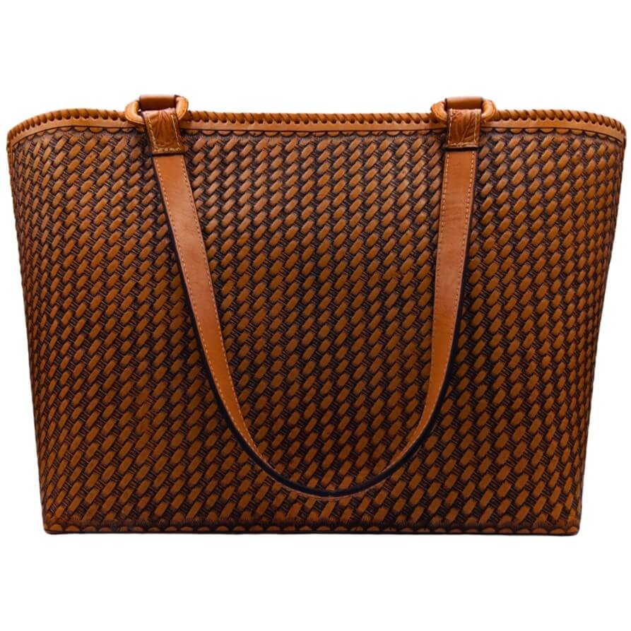Honeycomb‑textured full‑grain leather back panel with shoulder straps.