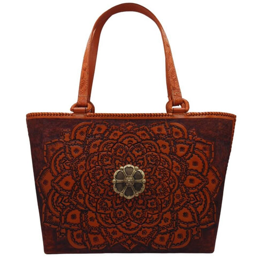 Mandala front with antique‑brass medallion, handles upright for scale.