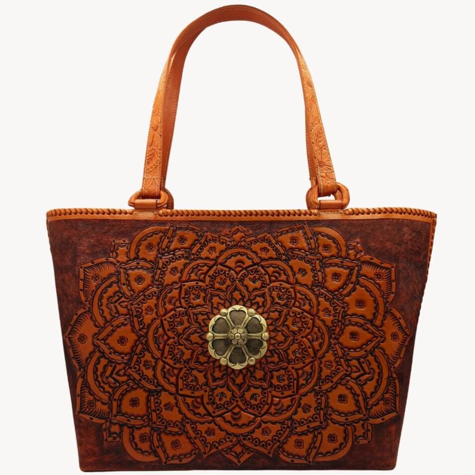 Mandala front with antique‑brass medallion, handles upright for scale.