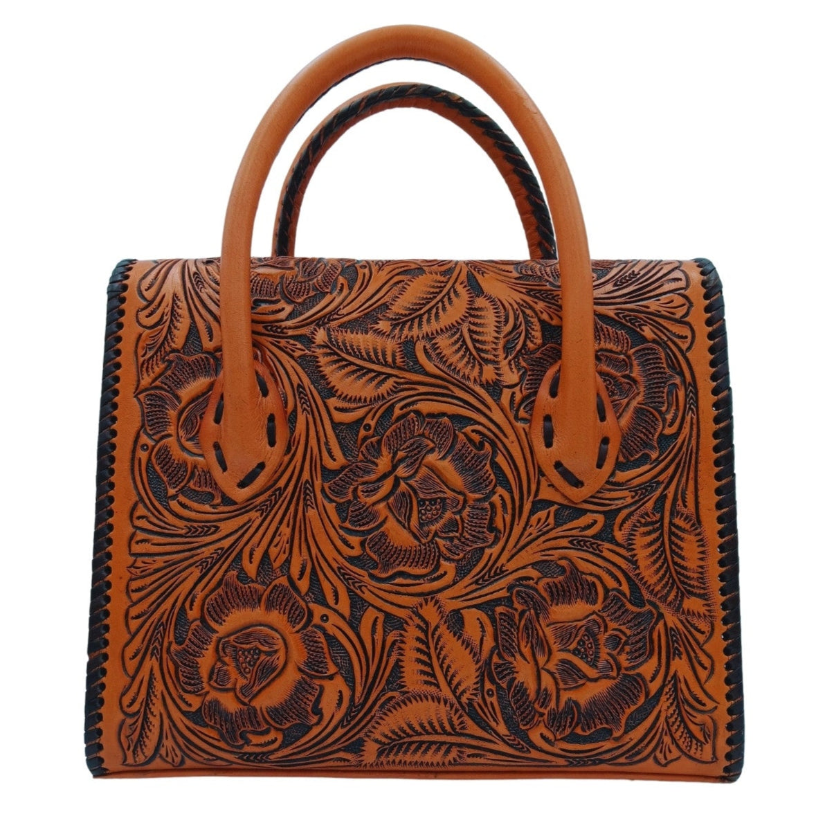 Back panel floral tooling on the Full Grain Leather mini tote