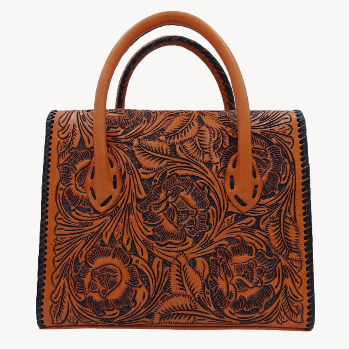 Back panel floral tooling on the Full Grain Leather mini tote