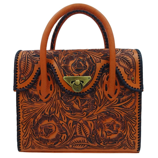 Front view of Miohermosa Mini Tote Full Grain Leather with hand‑tooled floral carving and turn‑lock