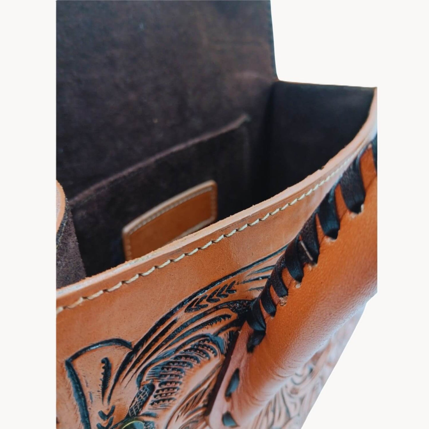 Interior slip pocket and craftsmanship details of the handmade leather purse