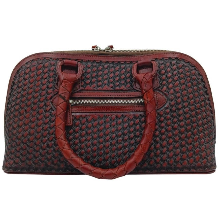 Leather purse back view with honeycomb pattern and exterior zip pocket