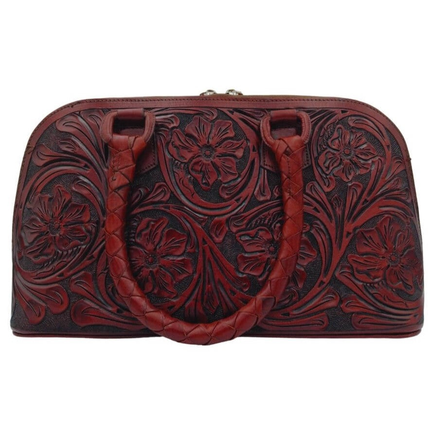 Marbella Rose Tooled Leather Satchel in Full Grain Leather front floral design