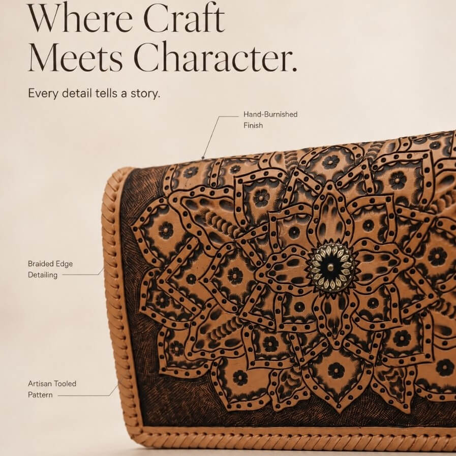 Promotional detail graphic reading “Where Craft Meets Character” featuring a natural tan tooled leather clutch with mandala pattern, braided edge detailing, hand-burnished finish, and circular metal clasp.