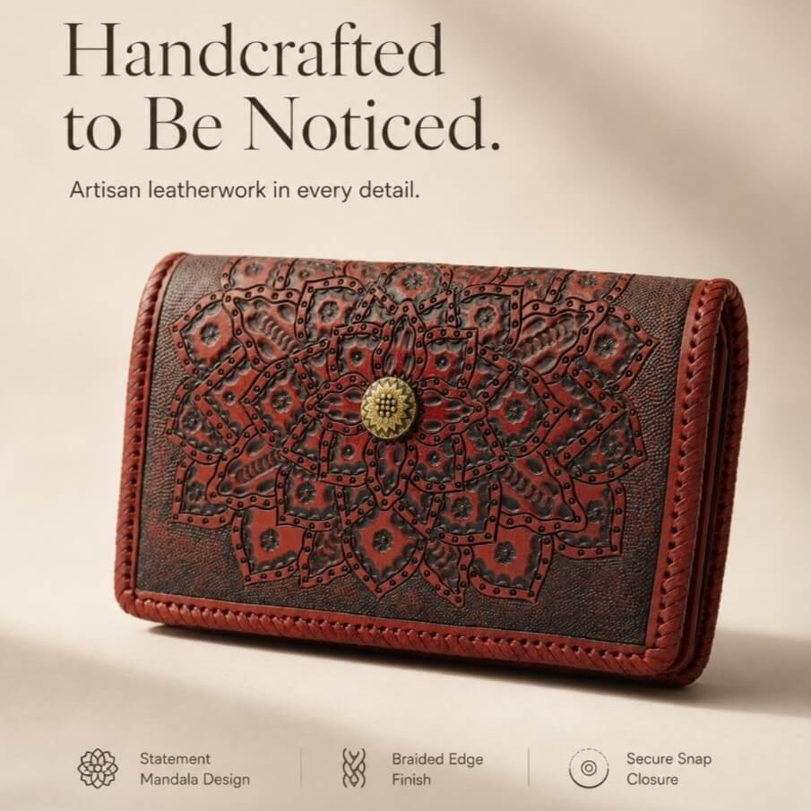 Promotional graphic reading “Handcrafted to Be Noticed” featuring a red-brown embossed leather clutch with mandala design, braided edge finish, and gold circular snap closure.