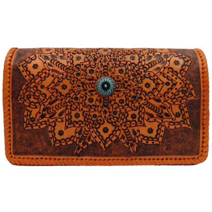Sedona Mandala Tooled Leather Crossbody Bag – front view with hand-tooled mandala floral design burnt orange