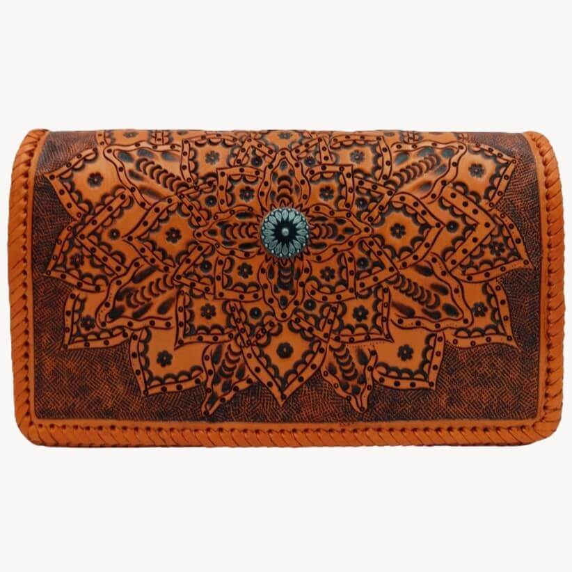 Sedona Mandala Tooled Leather Crossbody Bag – front view with hand-tooled mandala floral design burnt orange