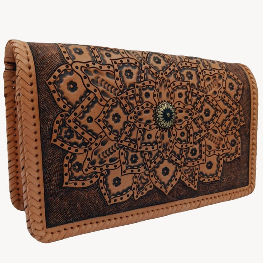 Angled view showing whipstitch edges on Sedona Mandala tooled leather purse