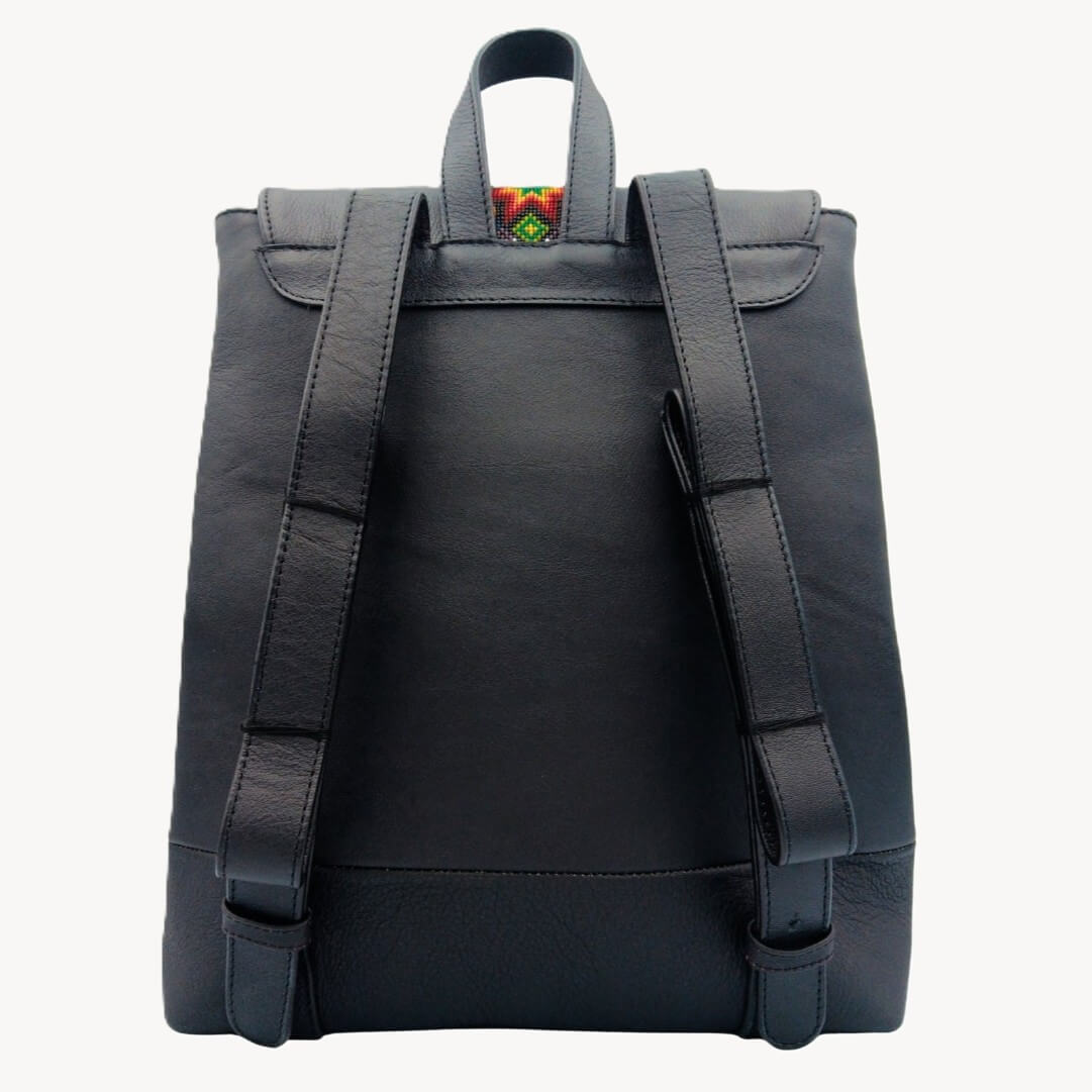 Adjustable leather straps, top carry loop, and clean back panel of Solstice Beaded Bag Backpack