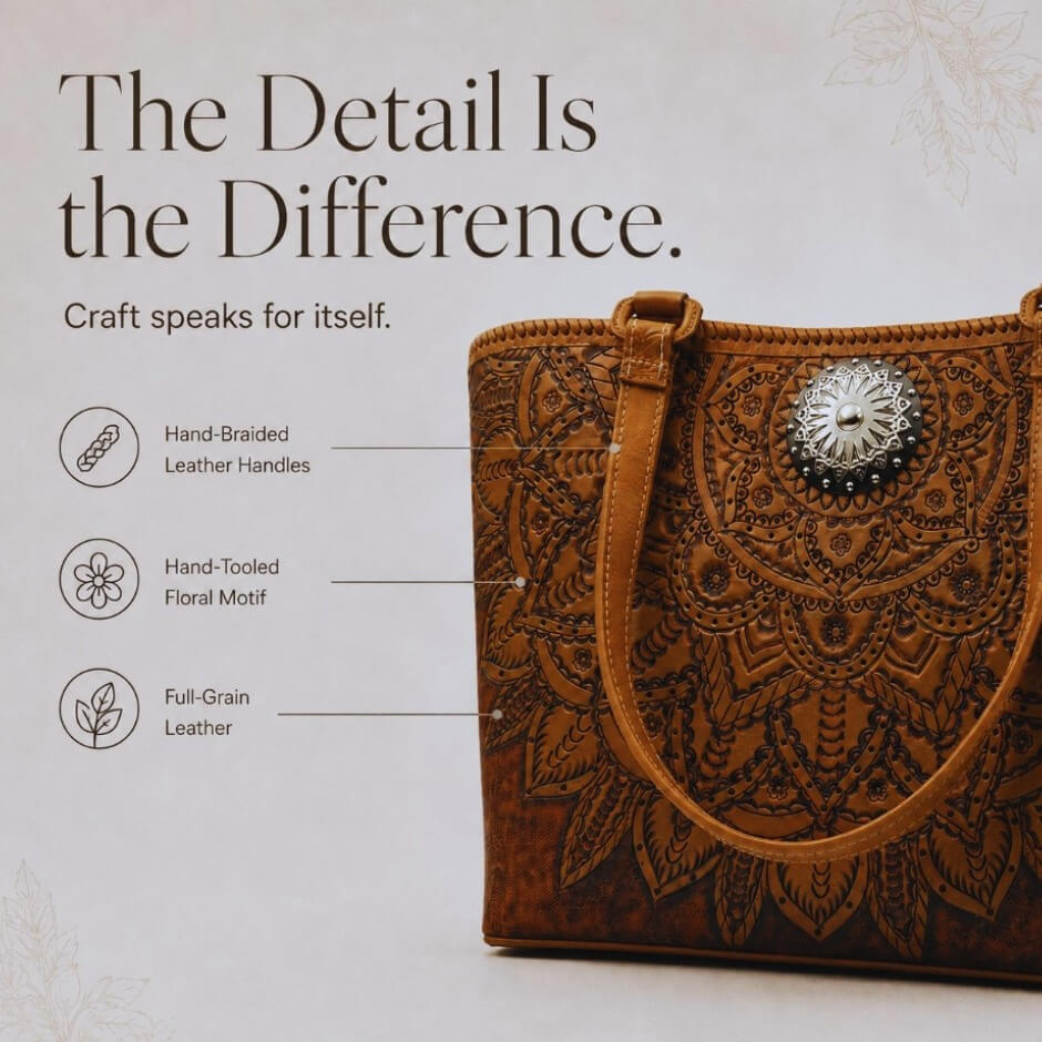 Brown leather handbag with intricate design and decorative element on a light background