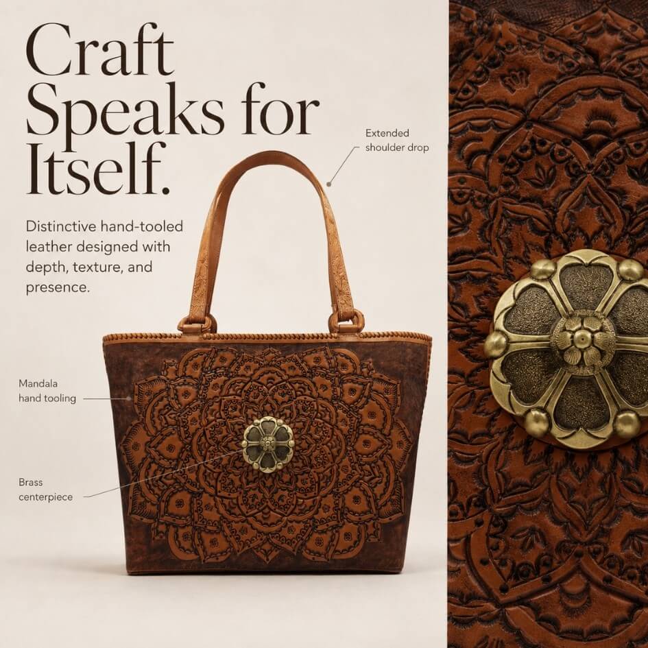 Brown leather handbag with mandala design and gold centerpiece, labeled 'Craft Speaks for Itself'.