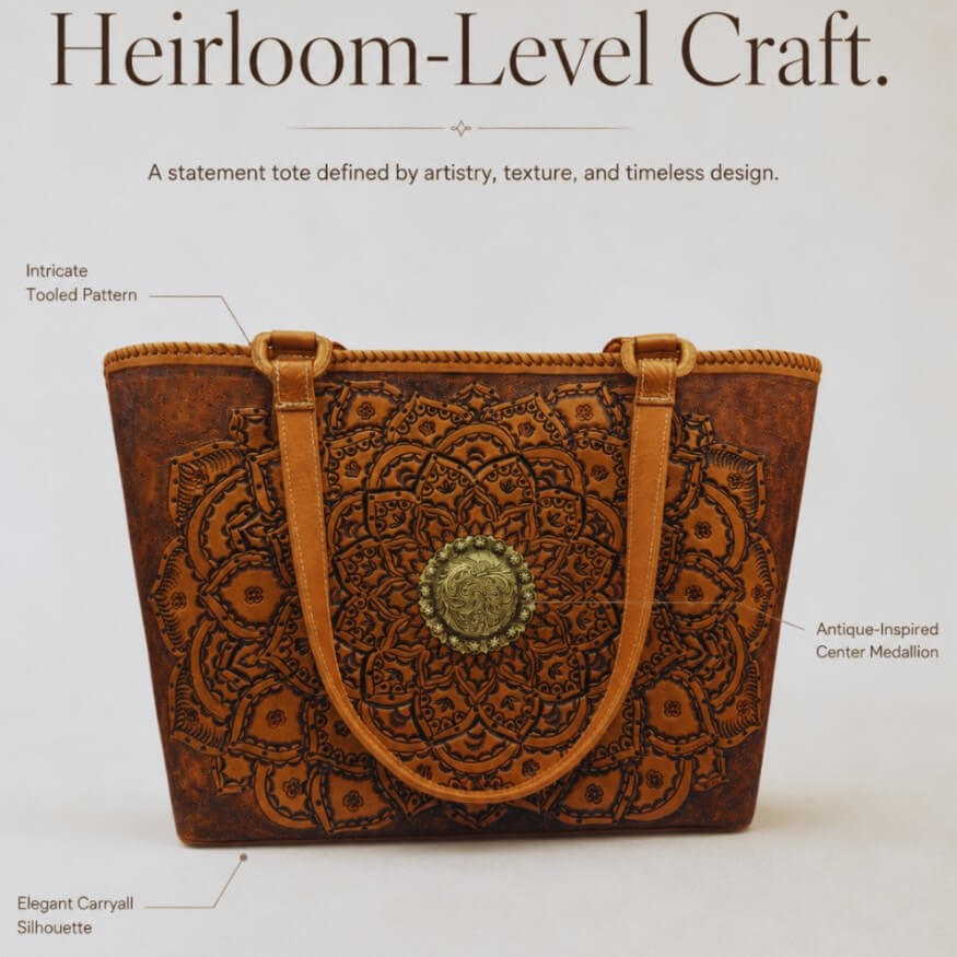 Brown leather tote bag with intricate patterns on a beige background